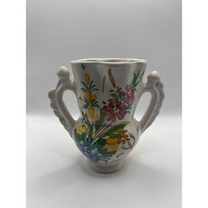 LARIO Hand Painted Floral Ceramic Vase Double Handle Scalloped Rim 6 Inch